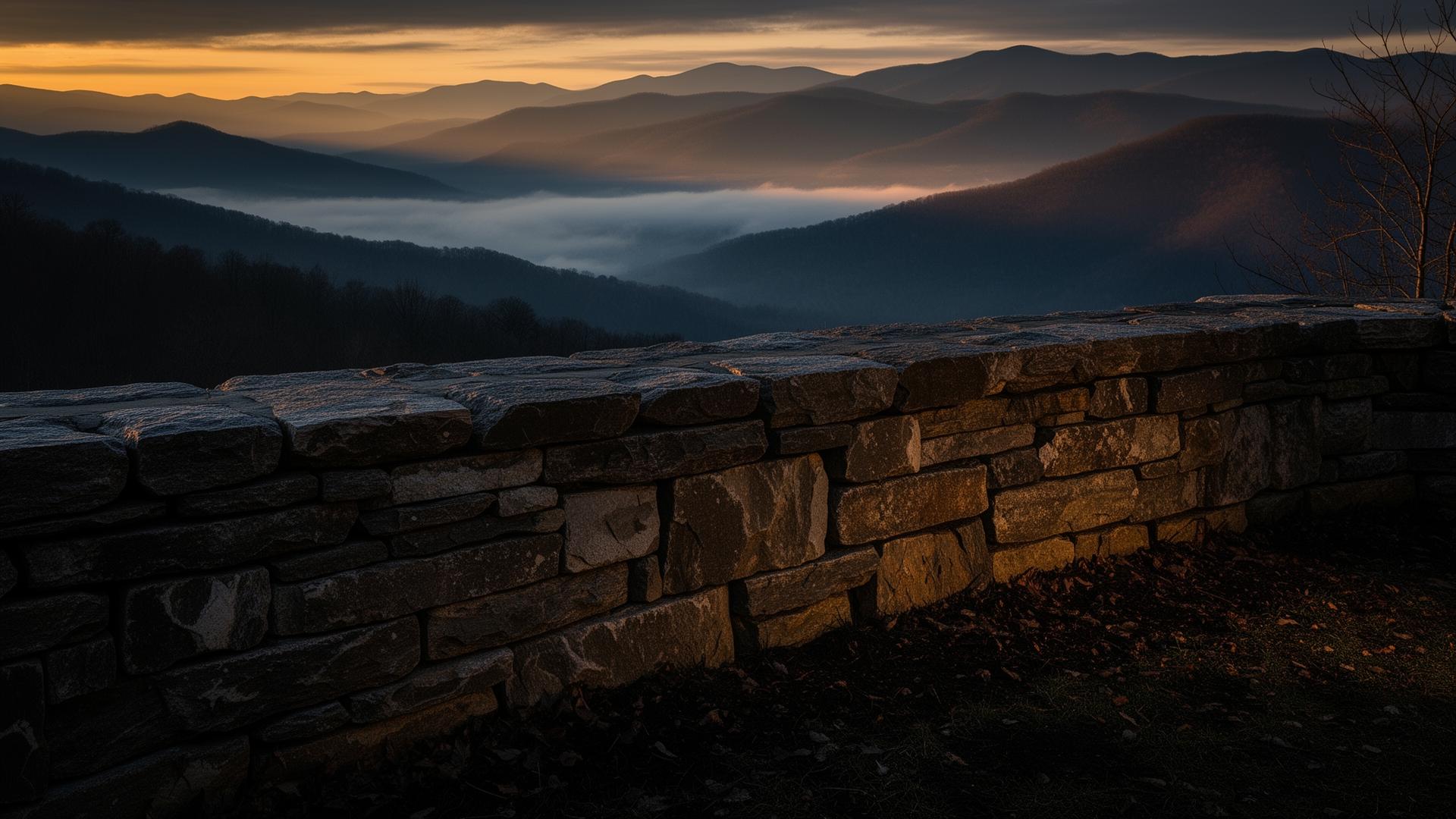 Hand-stacked stone wall overlooking Blue Ridge mountains at golden hour